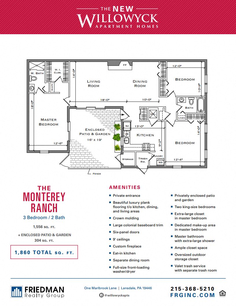Floor plan for 3 beds, 2 baths, 1556 sqft